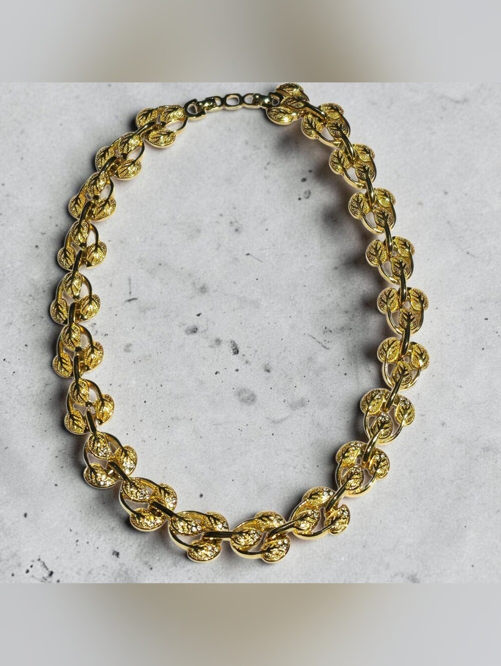Vtg Christian Dior Leaf Necklace Gold Tone Rhinestone 1980s Chr Dior Collar 16"